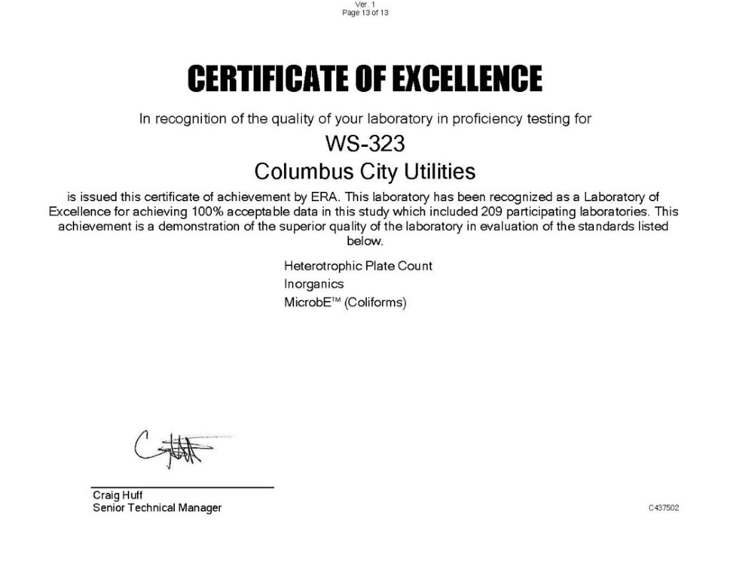 Announcement of Quality Control (QC) Lab Results Columbus City Utilities